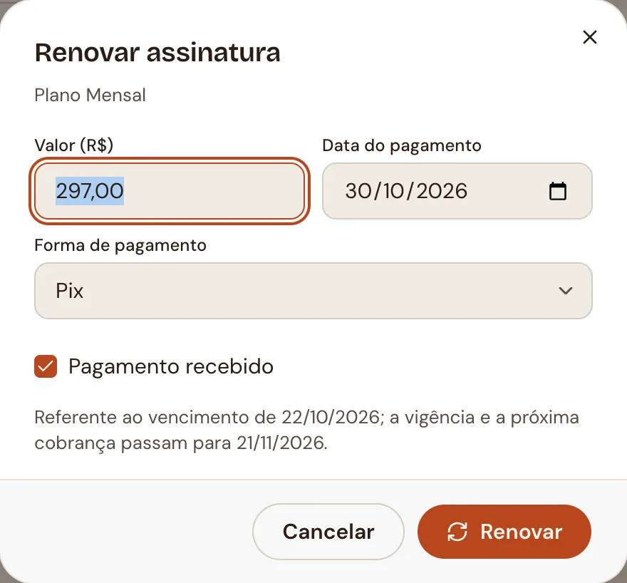 Renovar assinatura: valor, data, forma de pagamento e Pagamento recebido